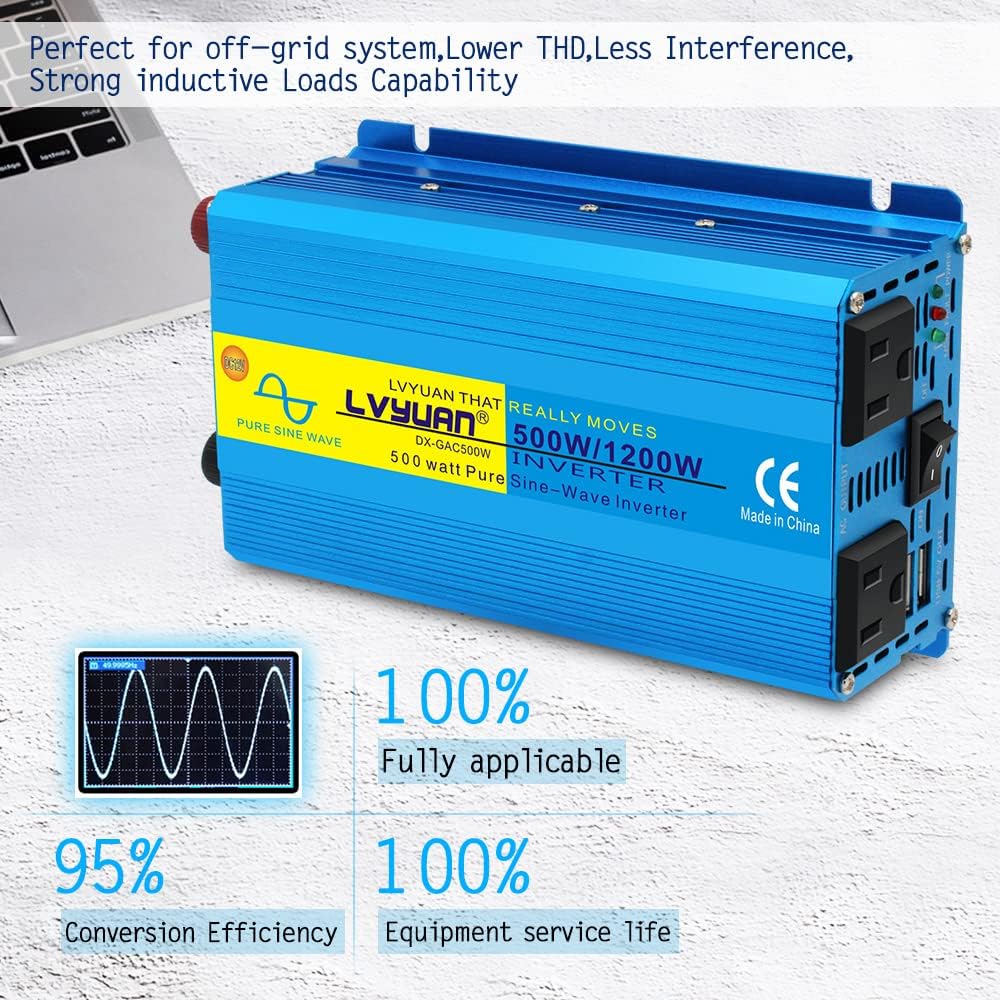 Pure Sine Wave Inverter 500 Watts 12V to 110V DC to AC with Dual AC Sockets and Dual USB Ports H695