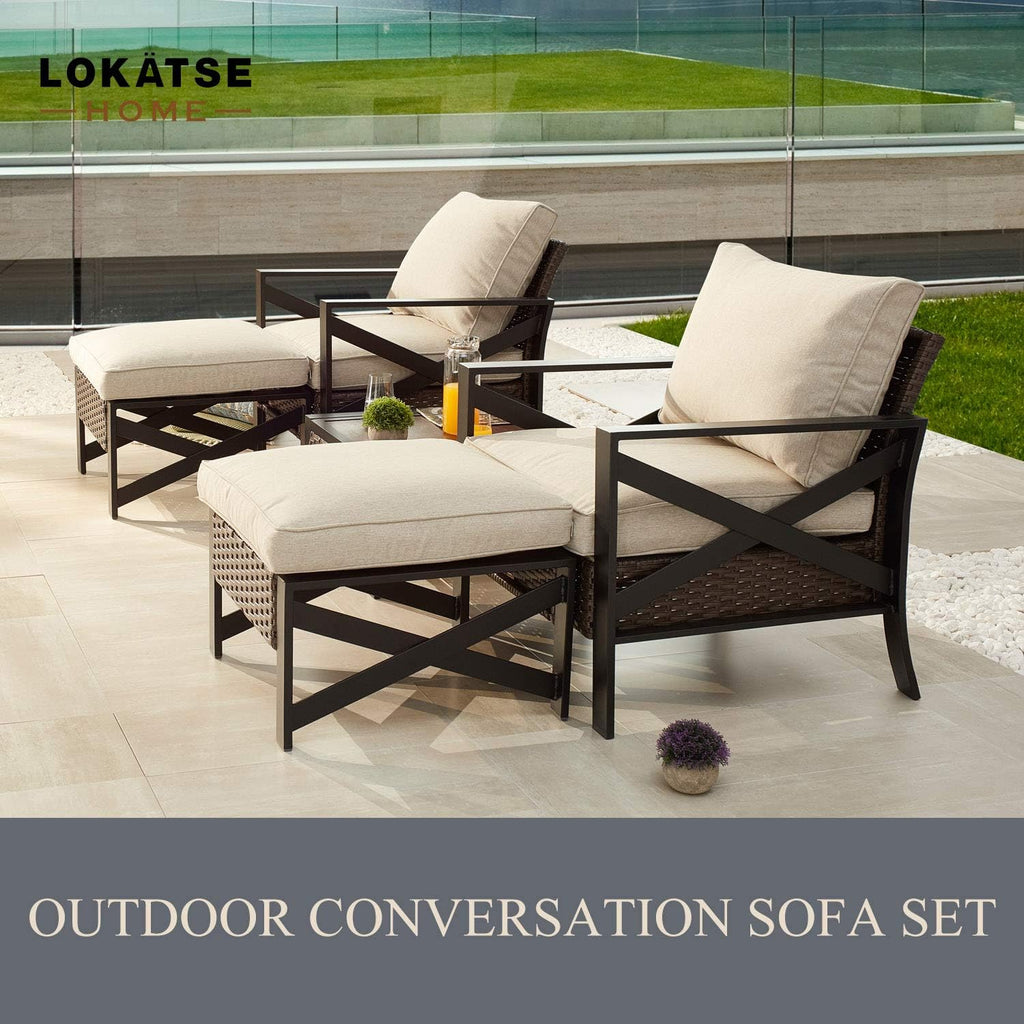 5 Piece Outdoor Wicker Conversation Sofa Set with Cushion and Coffee Table D362