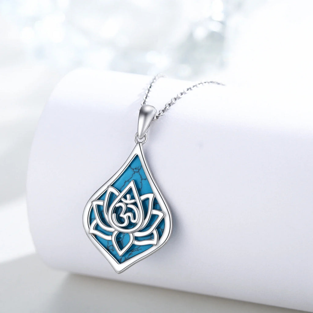 Lotus Pendant Necklace 925 Sterling Silver Turquoise Jewelry 18K White Gold Plated A718
