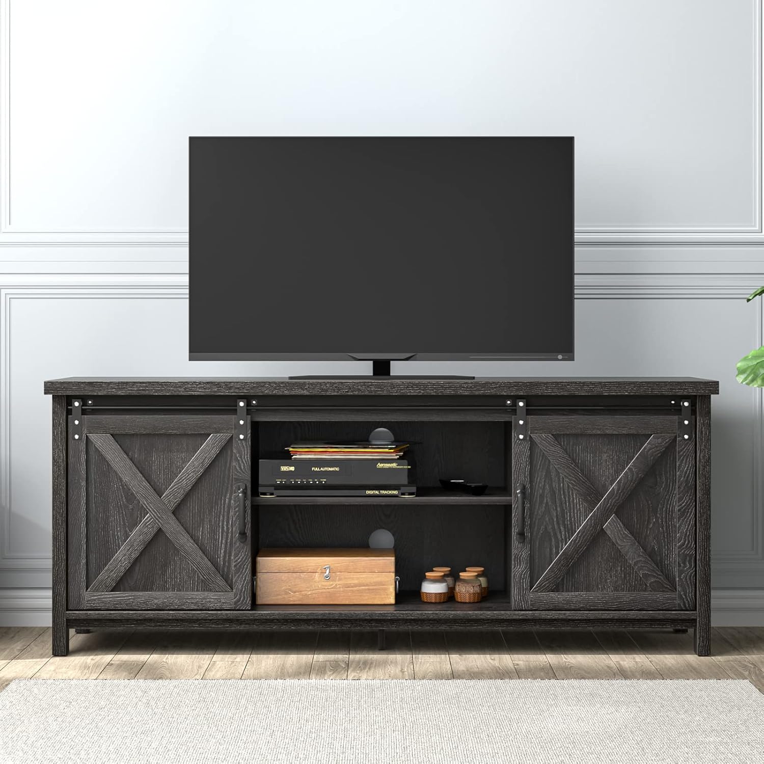 Brown Wooden TV Stand with 2 Sliding Barn Doors G681793