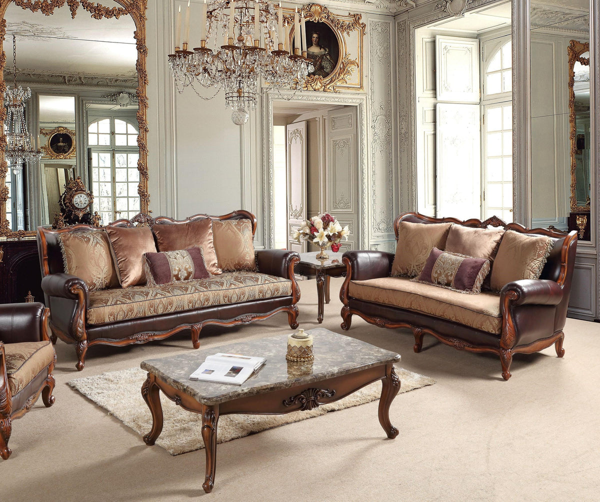 Cherry Finish Wood Pattern Fabric Sofa Set 2Pc D131
