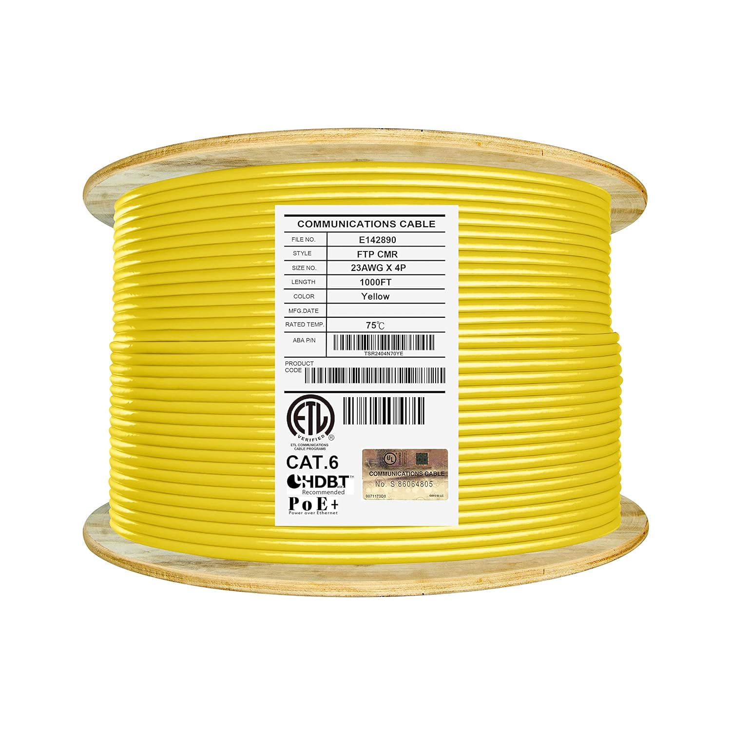 Bulk Ethernet Cable Reel, Cat6 Shielded Riser, 1000ft, Black M558274