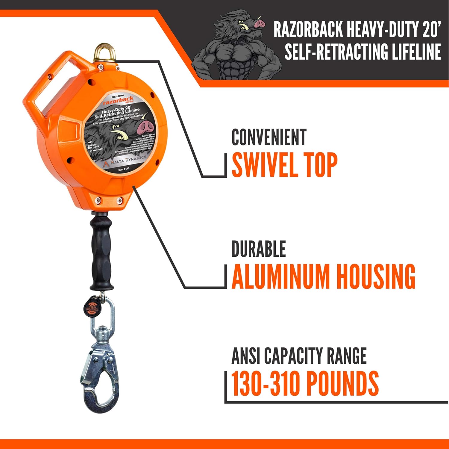 20' Heavy-Duty Self Retracting Lifeline Galvanized Cable H80842