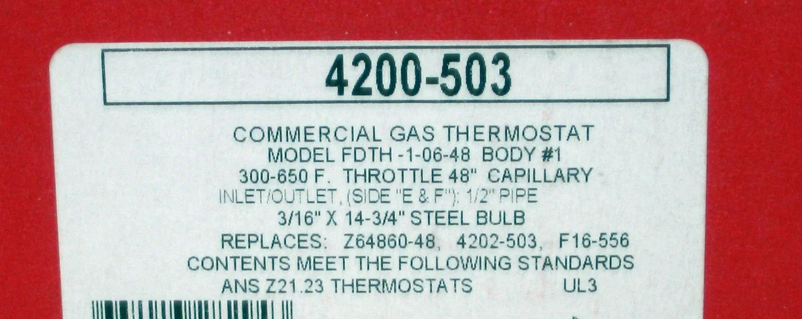 Gas Thermostat, 1/2 in Pipe, 300 to 650 F J20647