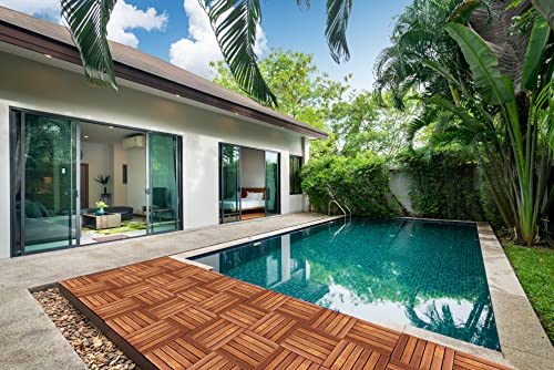 Interlocking Deck Tile (Pack of 10, 12"x12") Acacia Hardwood Patio Tile in Solid Acacia Wooden Oiled Finish Waterproof Golden Teak Color T835