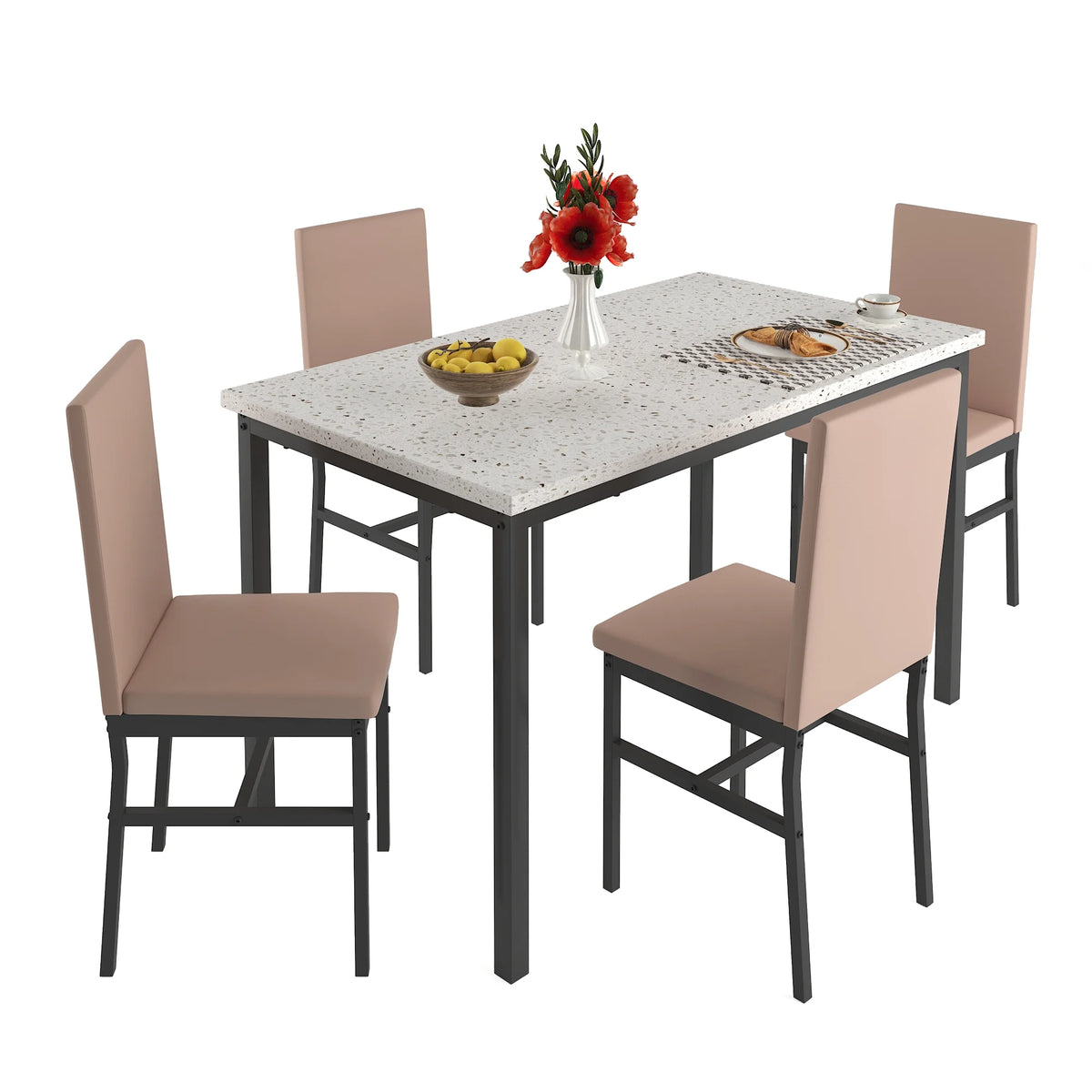 5 Piece Dining Table and Chairs Set with Faux Marble Tabletop and 4 PU Leather Upholstered Chairs Z725420