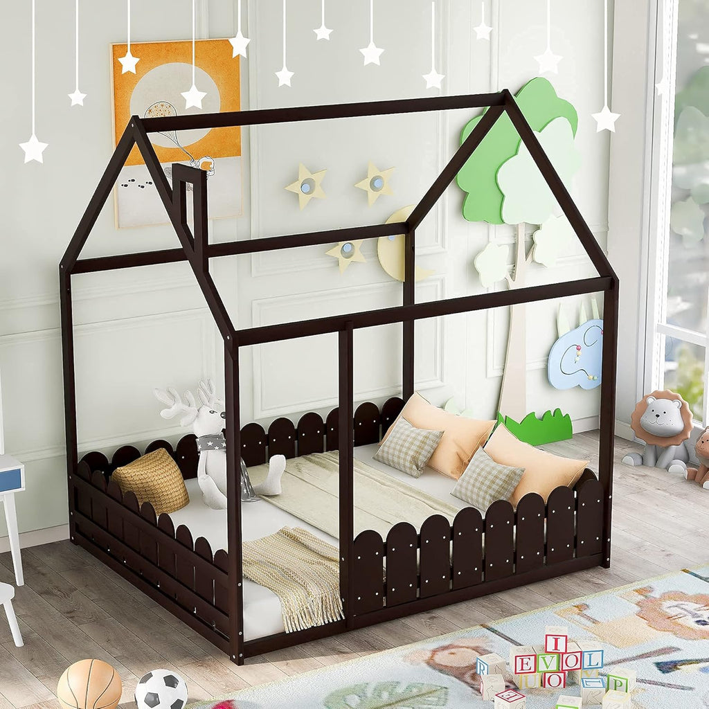 White Full Size Pine Wood Cabin Bed with Guardrails W9183