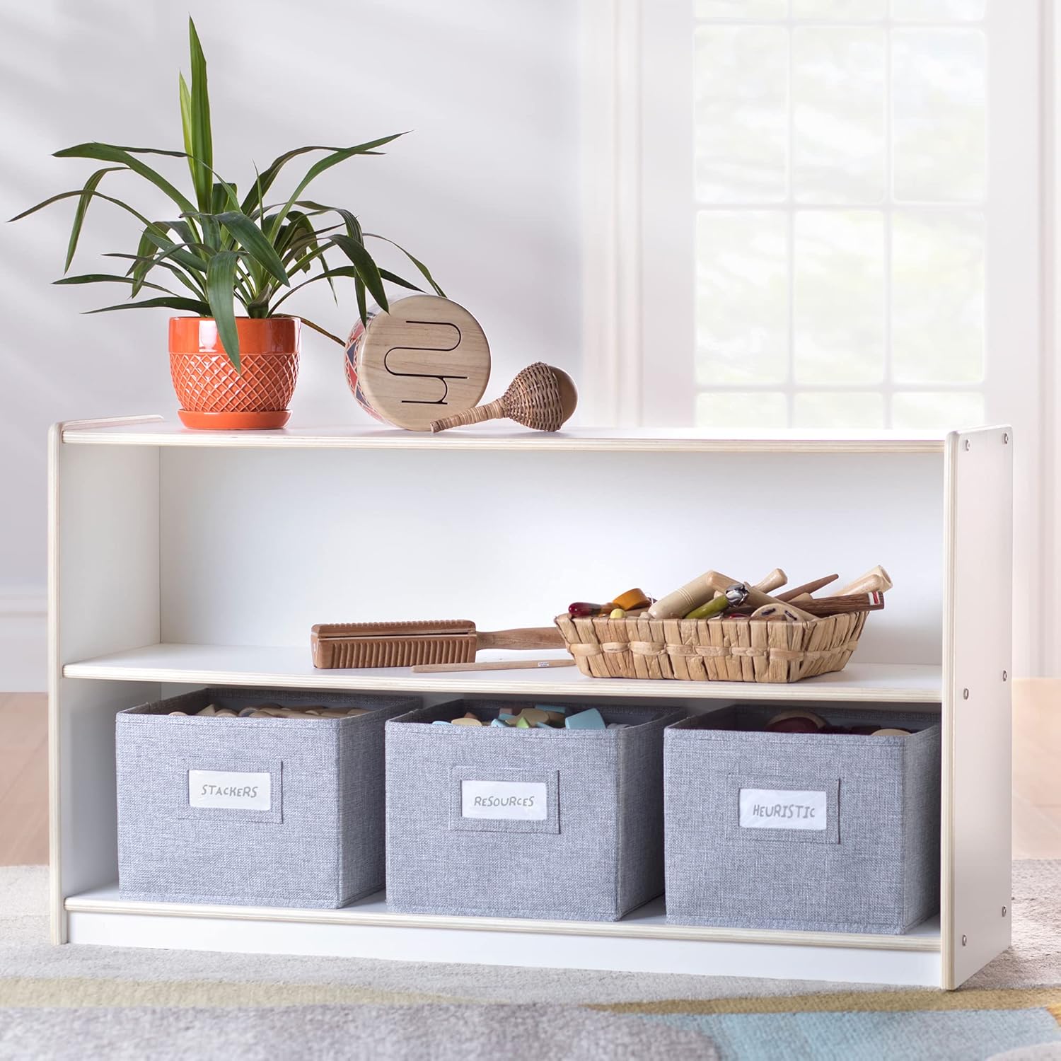 Two Shelf Open Storage 24'' Natural with 3 Fabric Bins N60104