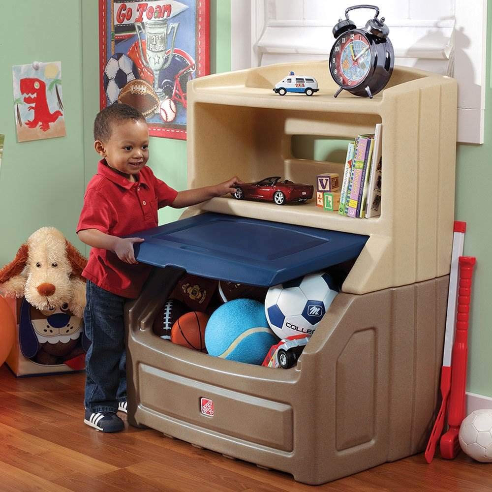 Tan/Blue Plastic Toy Box Bookcase Storage Chest Y31415