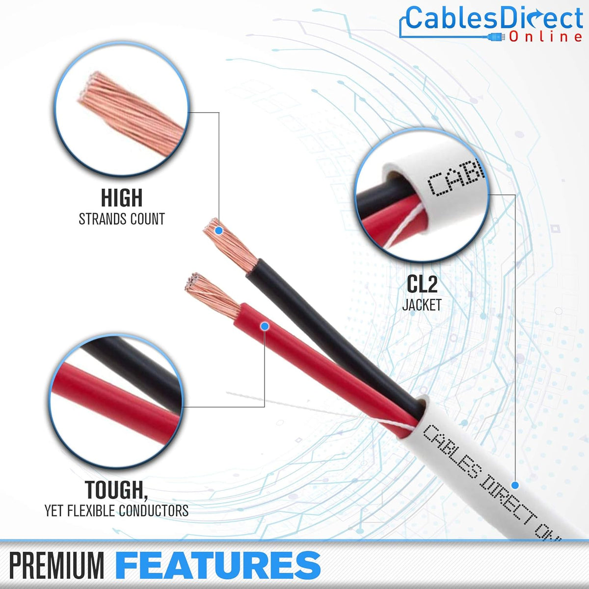 100ft 14AWG 2 Conductors CL2 Rated Speaker Cable Wire F151