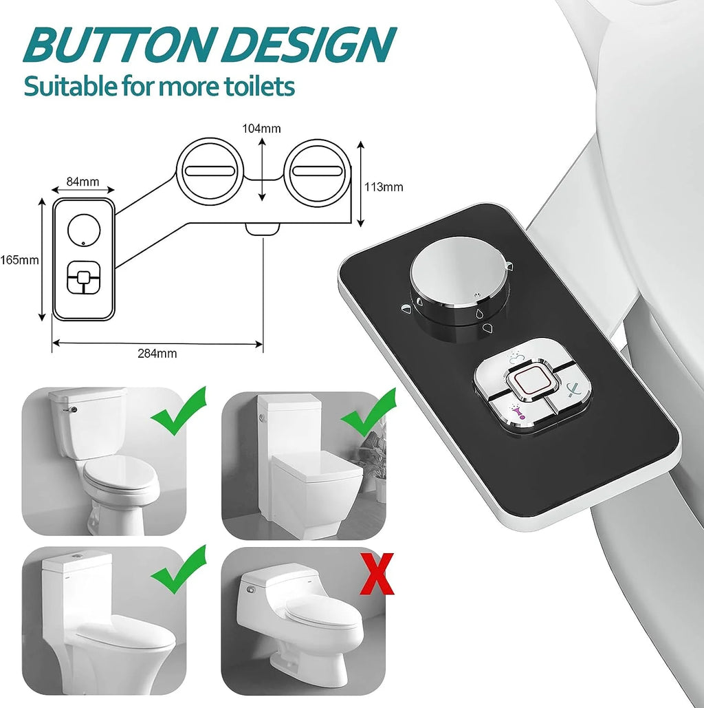 Non-Electric Bidet Toilet Seat Attachment with Pressure Controls, Self-Cleaning Dual Nozzles Black E474483