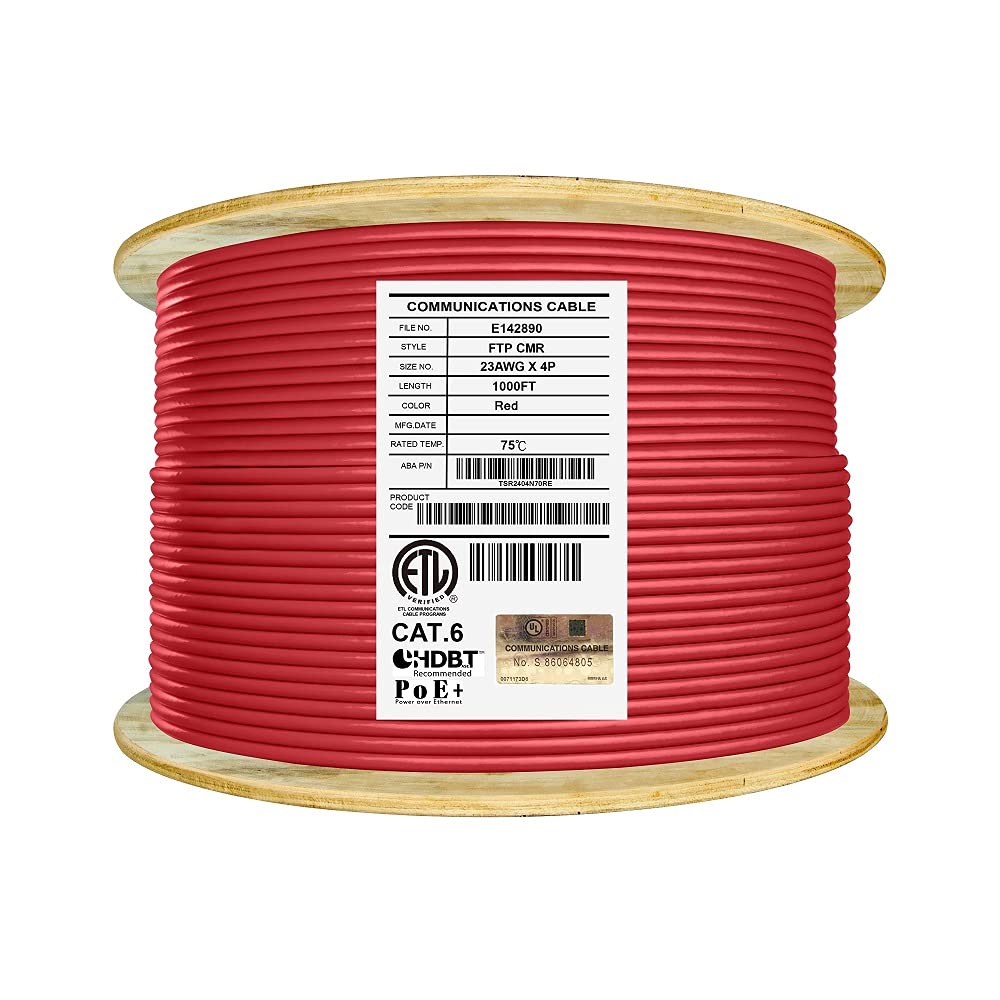 Bulk Ethernet Cable Reel, Cat6 Shielded Riser, 1000ft, Black M558274