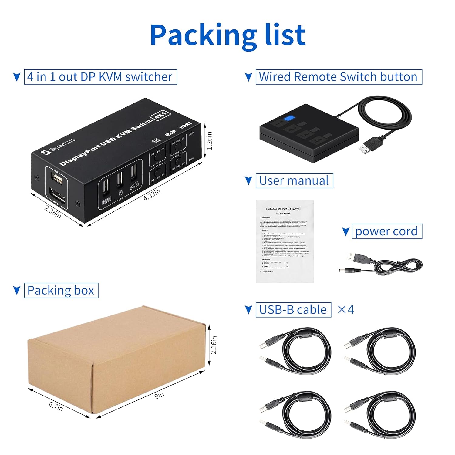 4 Port DisplayPort KVM Switch 4K@60Hz USB and DP KVM Switcher with 4 USB Cables N393687