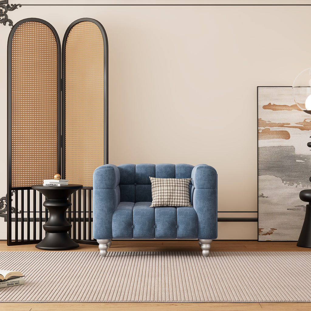 Blue Buttoned Tufted Sofa with Solid Wood Legs G79277