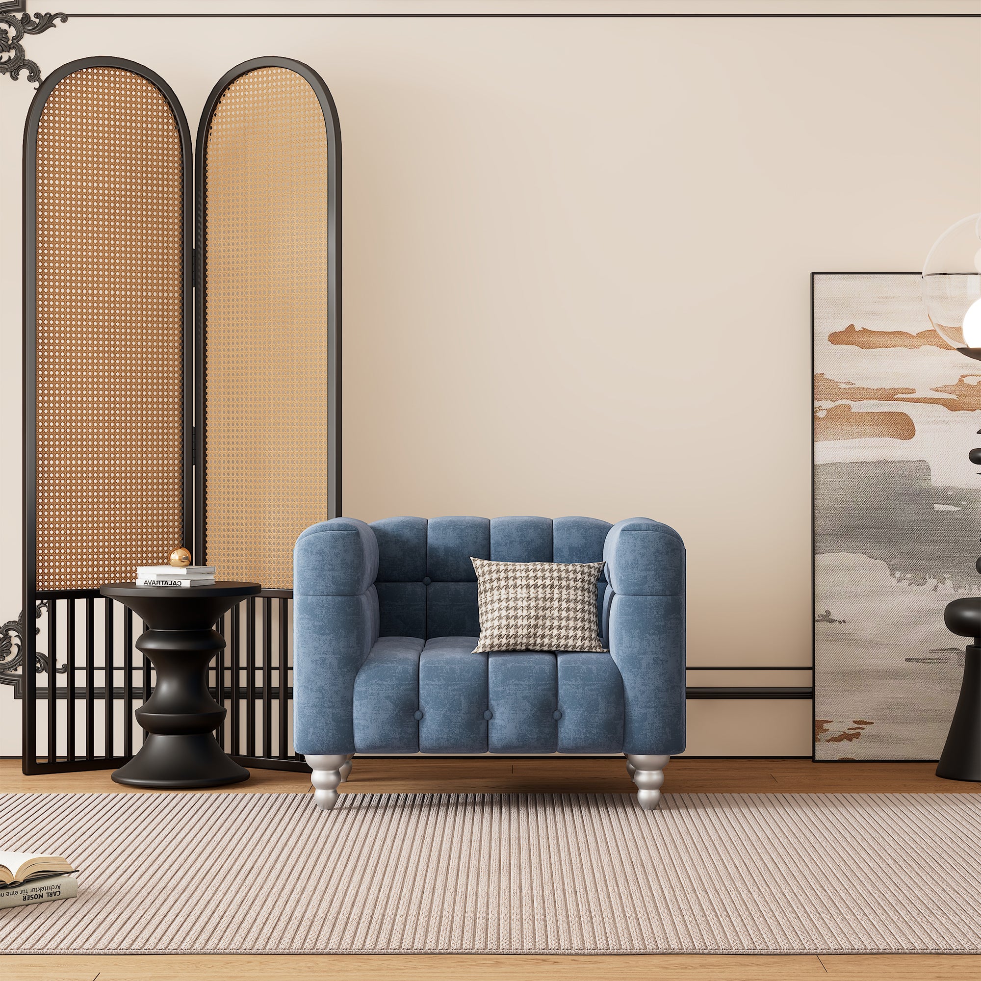 Blue Buttoned Tufted Sofa with Solid Wood Legs G79277