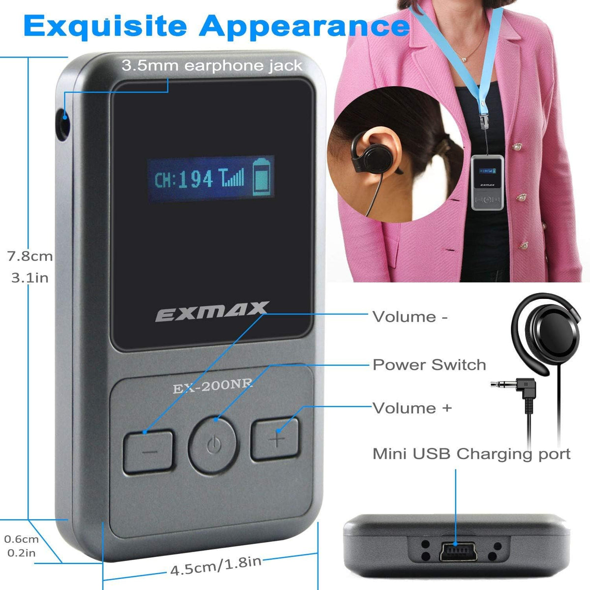 UHF Wireless Tour Guide Translation System, 200 Channels, 1 Transmitter & 10 Receivers & 16-port USB Charge Station C12099