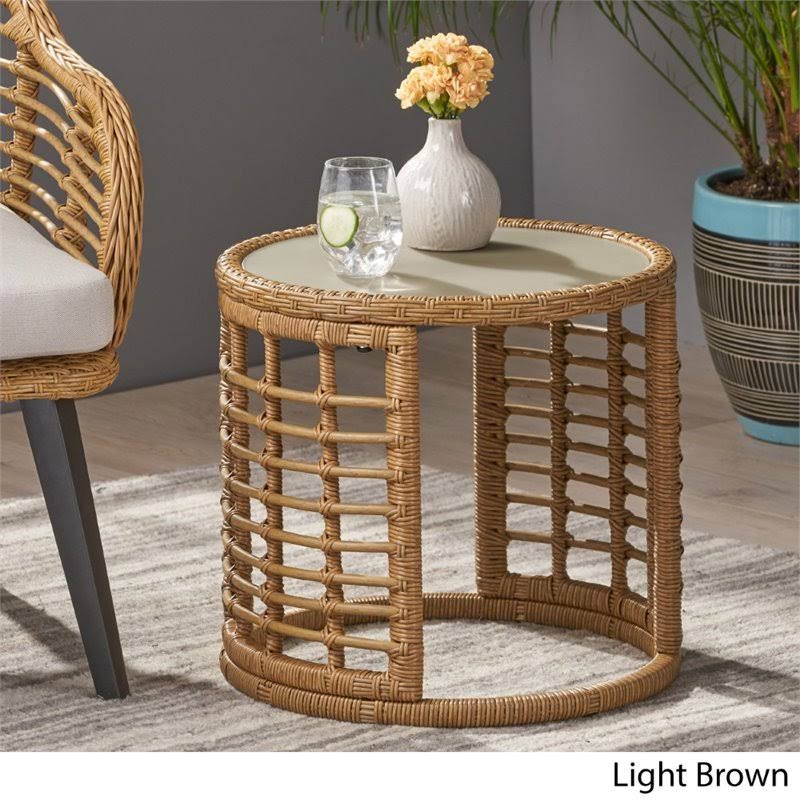 Tempered Glass Top Wicker Side Table in Light Brown B1941