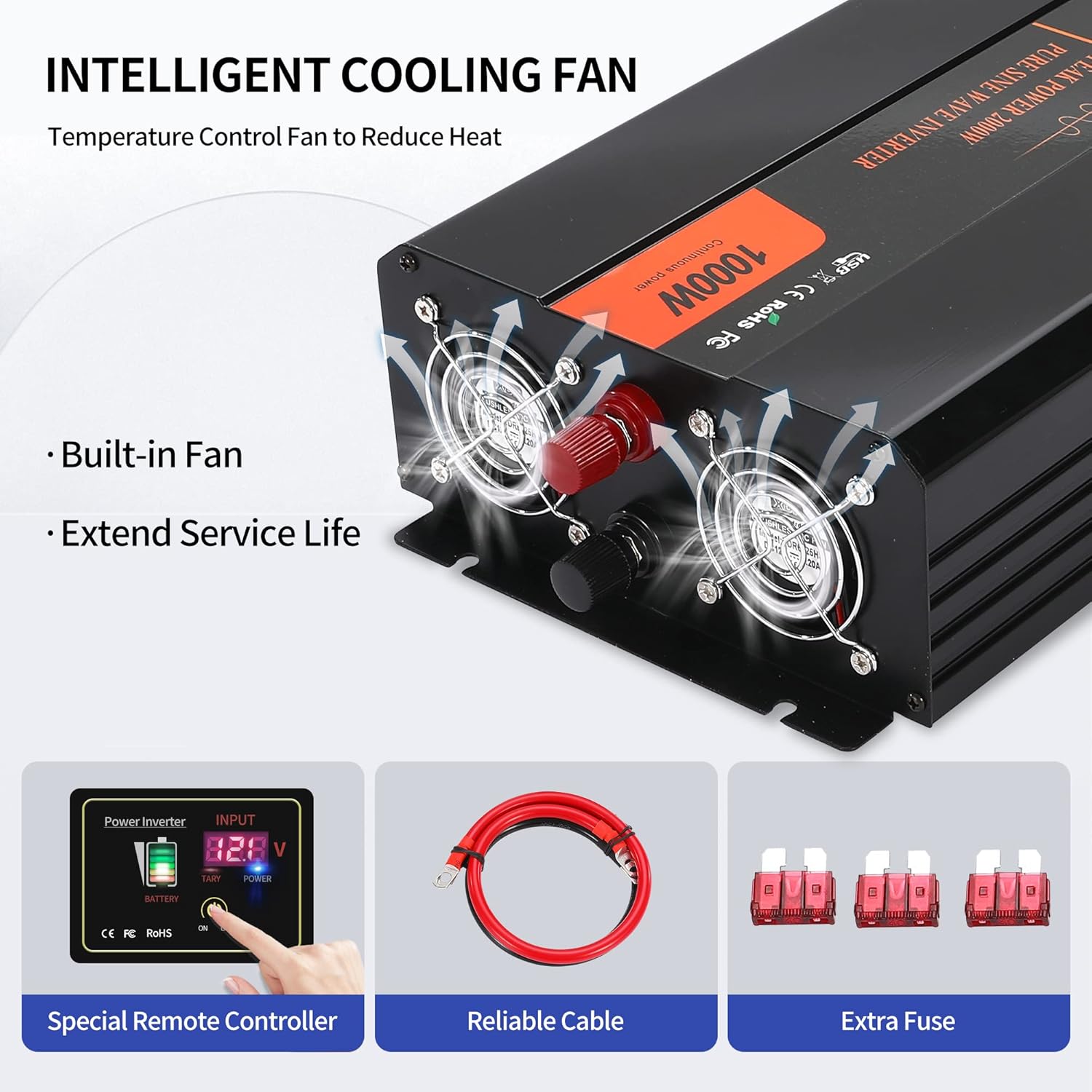 1000W Pure Sine Wave Power Inverter DC 12V to AC 120V with LCD Display Remote Control USB Port Z892564
