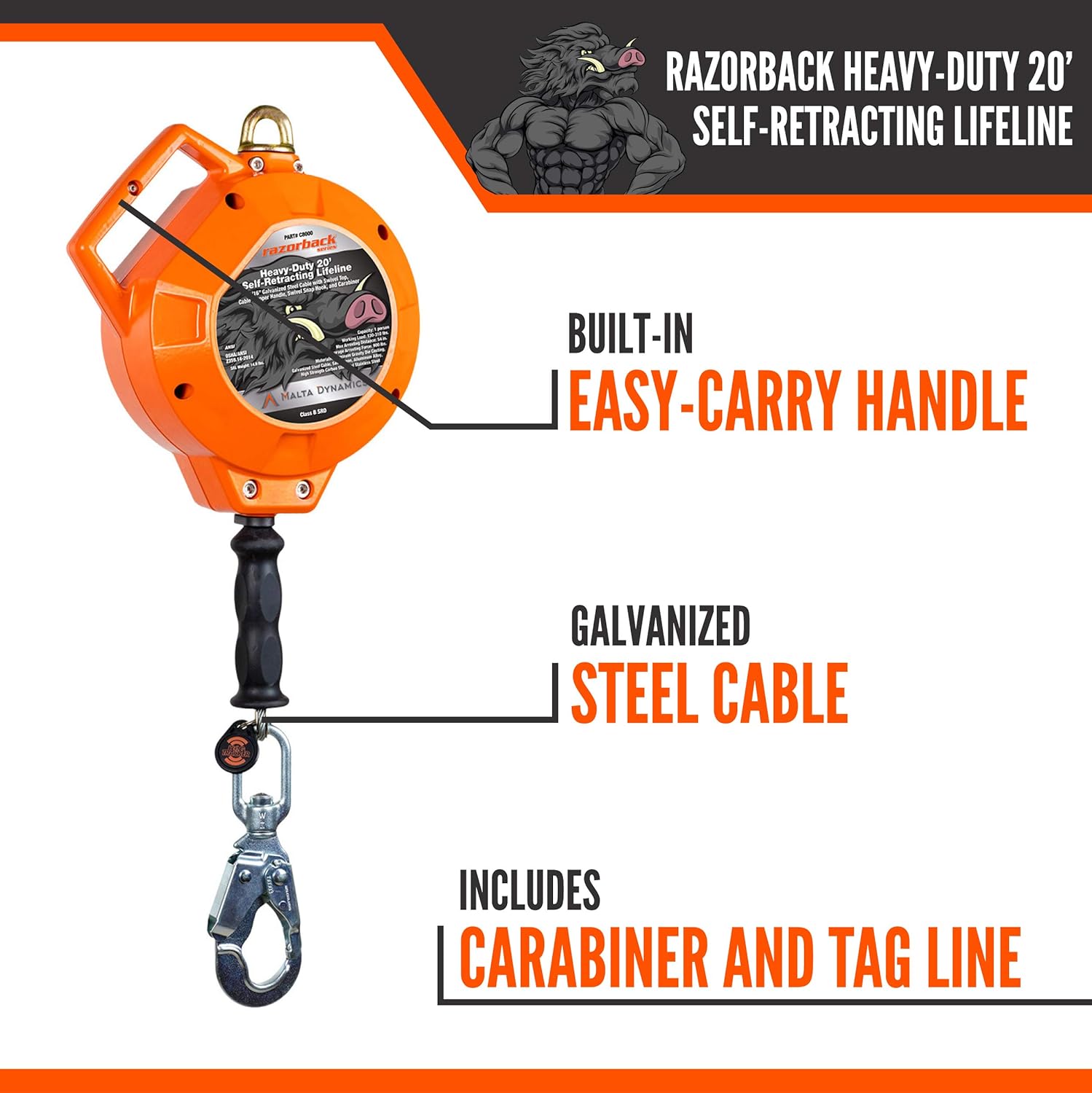 20' Heavy-Duty Self Retracting Lifeline Galvanized Cable H80842