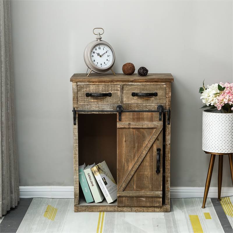 Rustic Brown Wood Sliding Barn Door Cabinet O519