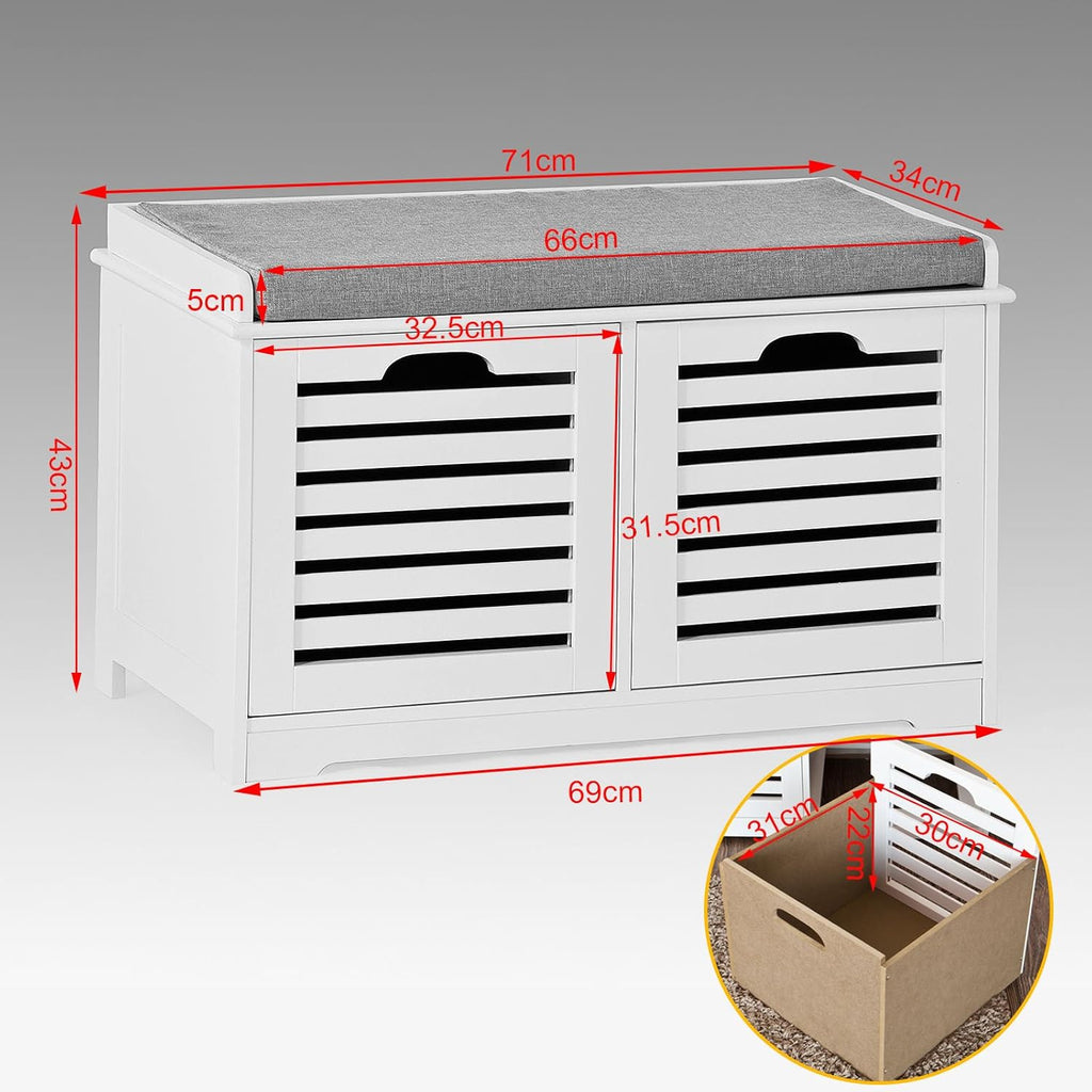 White Storage Bench with 2 Drawers & Removable Seat Cushion T247