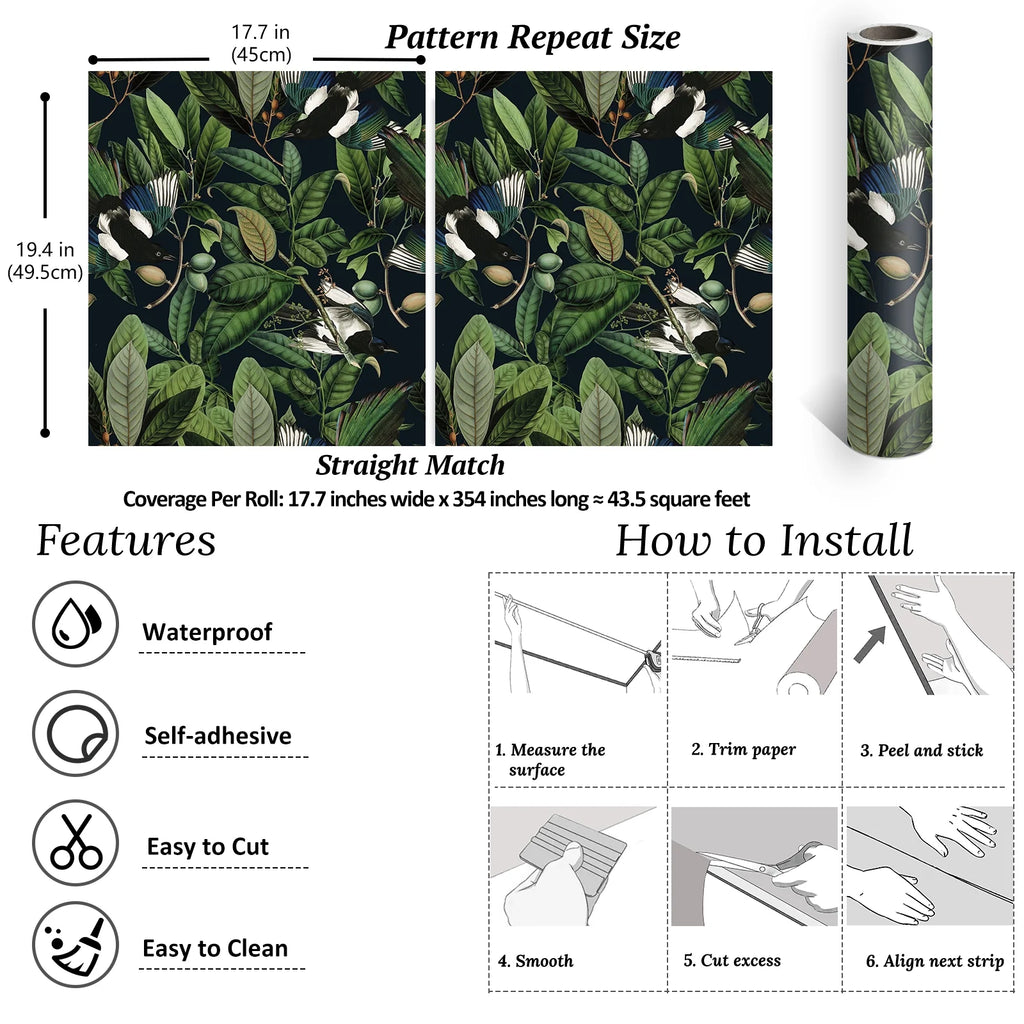 Tropical Jungle Leaf Peel and Stick Wallpaper 17.7''x354'' Removable Self Adhesive Contact Paper B778