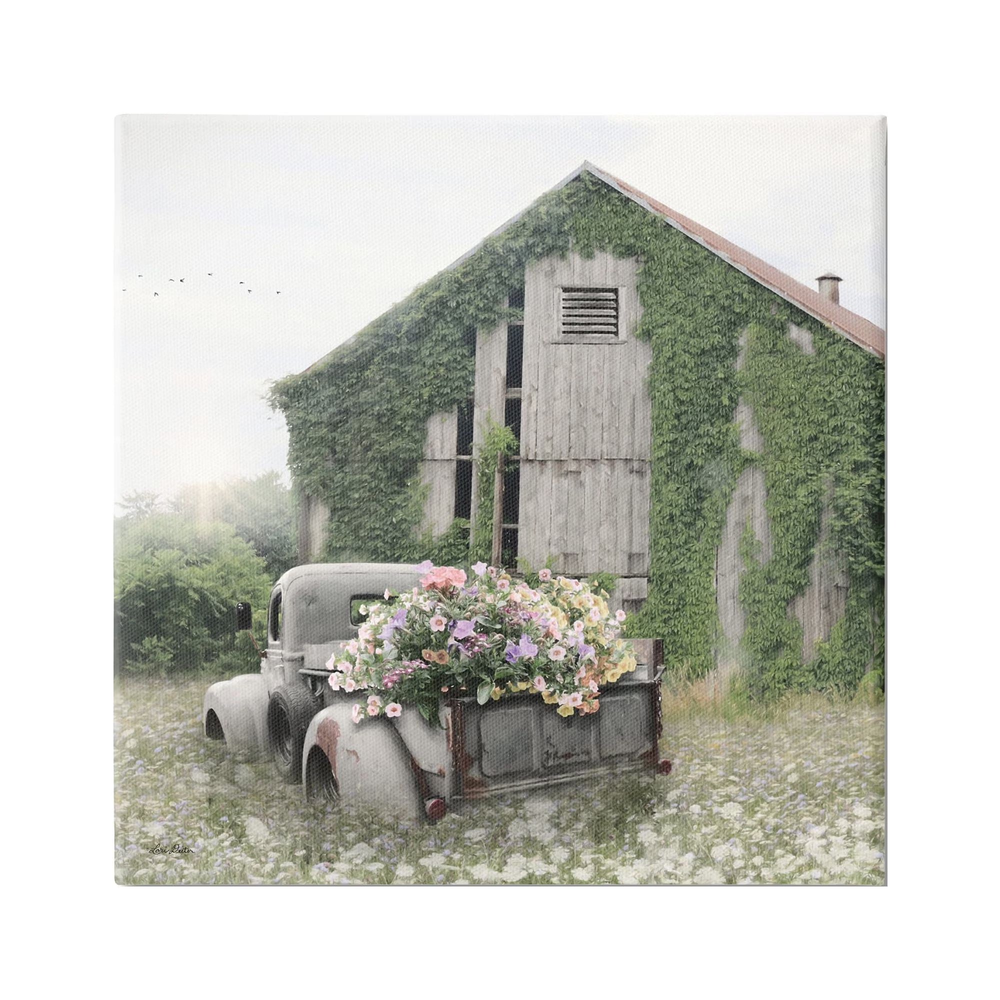 Magical Farmhouse Barn Green Vine Botanicals Flower Field, 24 x 24 J538