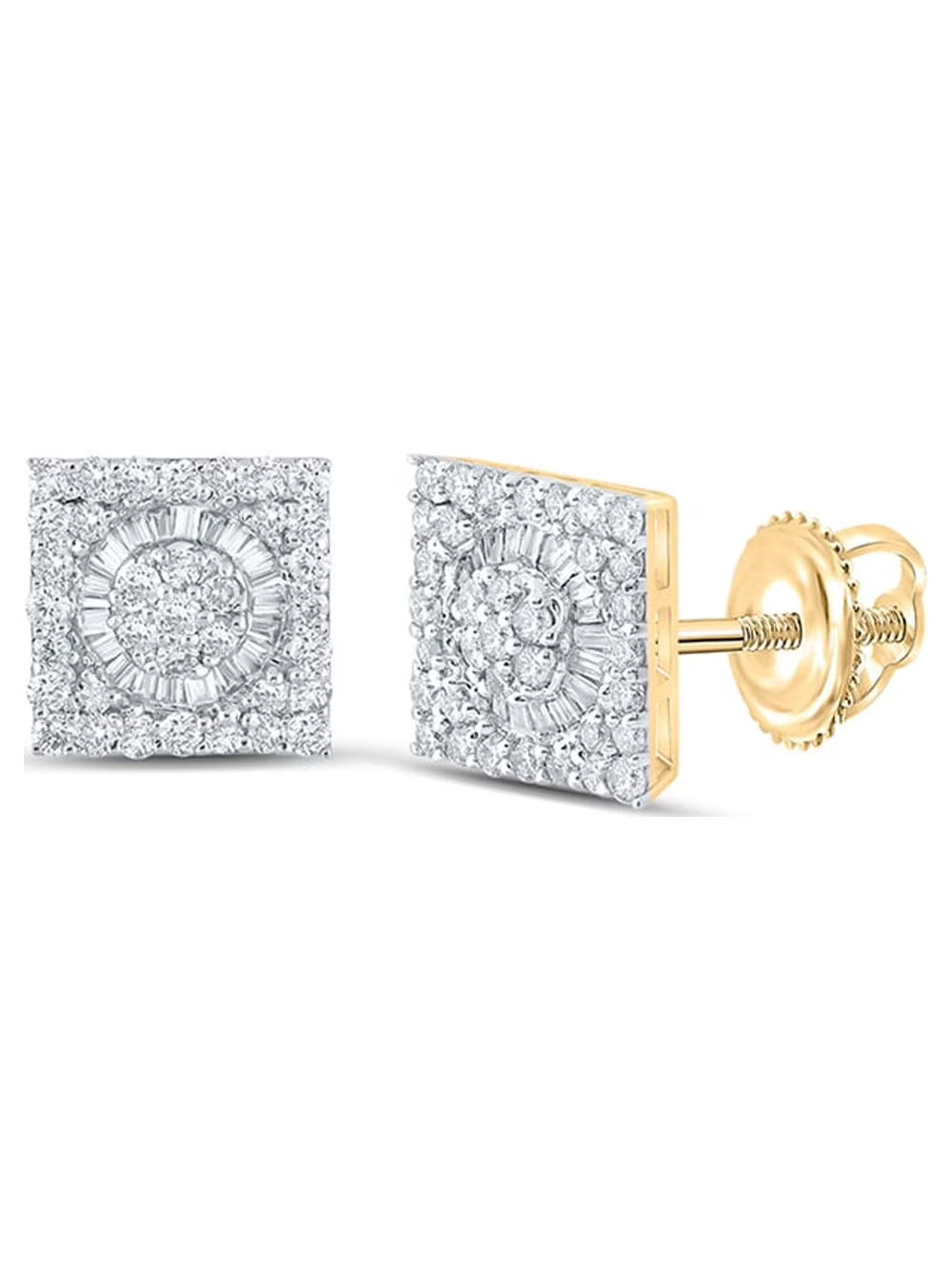 10kt Yellow Gold Mens Baguette Diamond Square Earrings 7/8 Cttw F634194