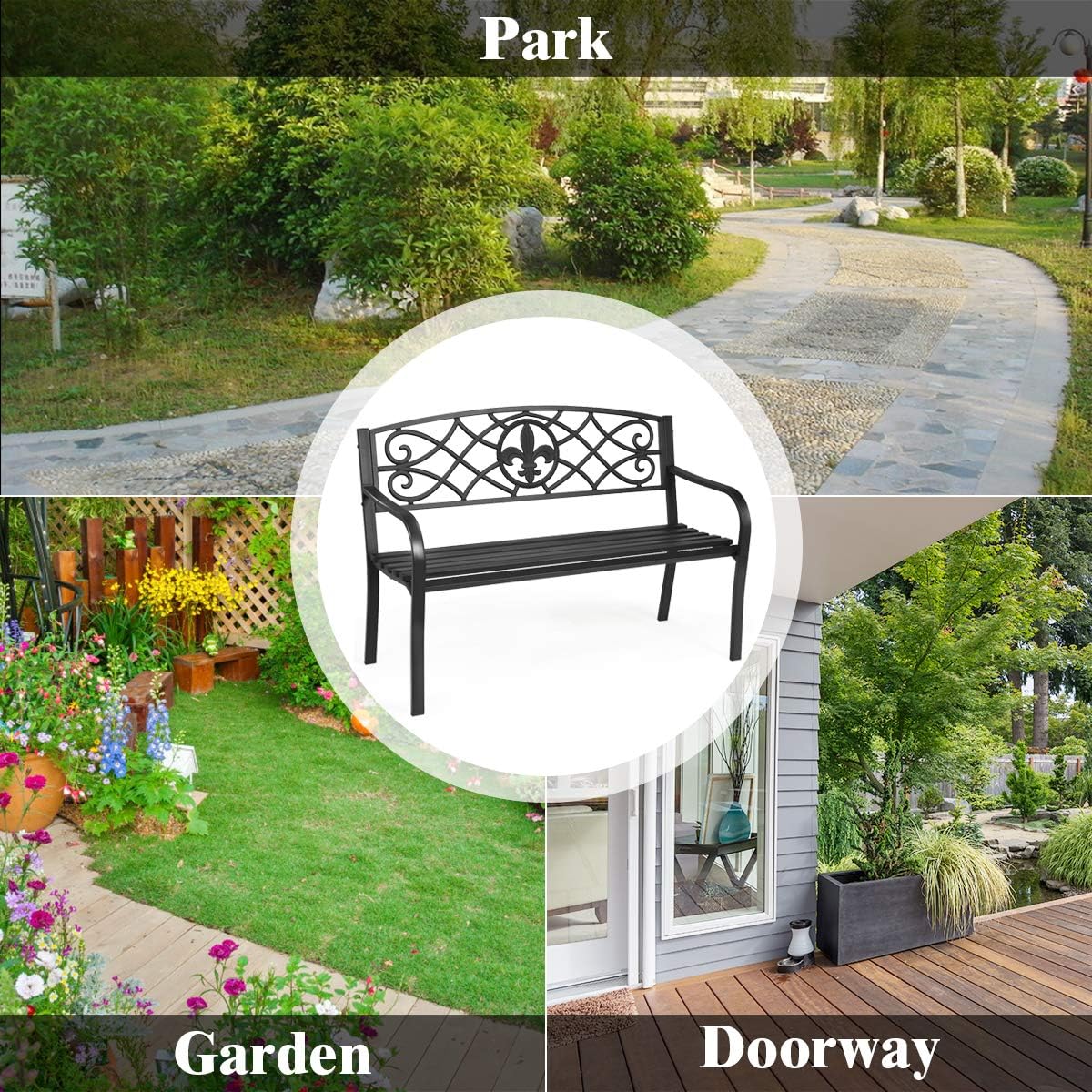 50 inch Heavy-Duty Metal Patio Bench with Pattern Backrest G6145