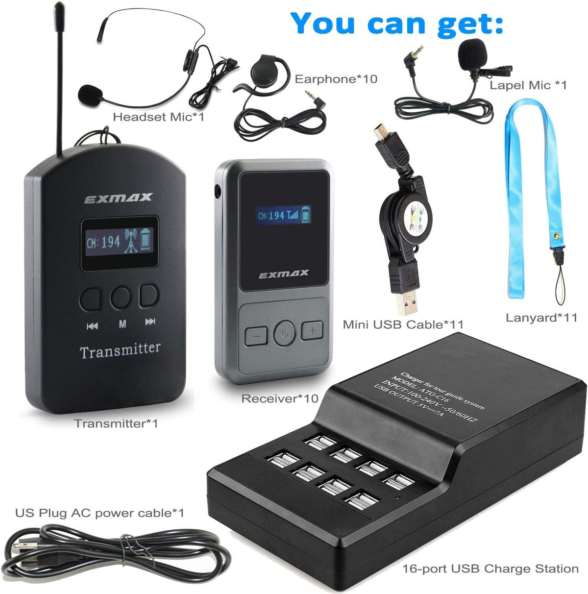 UHF Wireless Tour Guide Translation System, 200 Channels, 1 Transmitter & 10 Receivers & 16-port USB Charge Station C12099