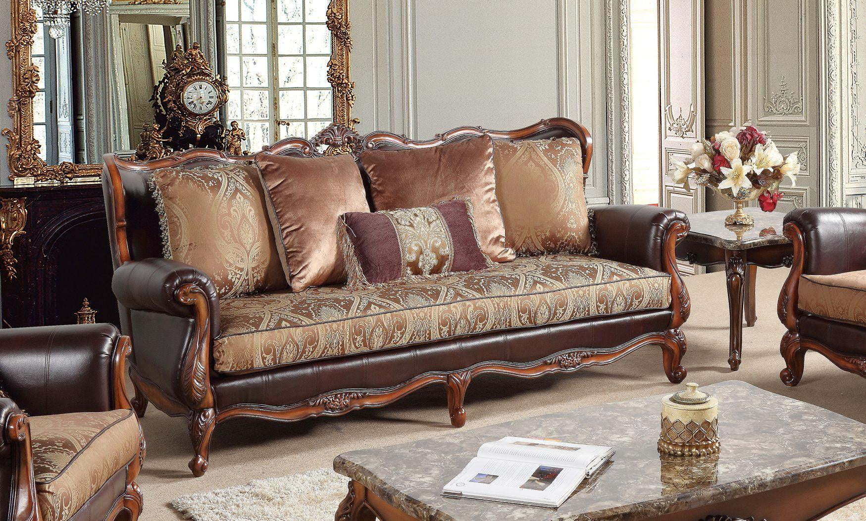 Cherry Finish Wood Pattern Fabric Sofa Set 2Pc D131