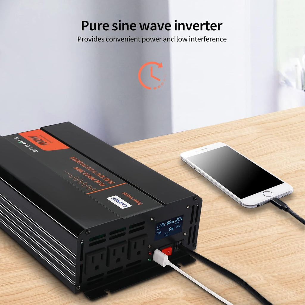 1000W Pure Sine Wave Power Inverter DC 12V to AC 120V with LCD Display Remote Control USB Port Z892564