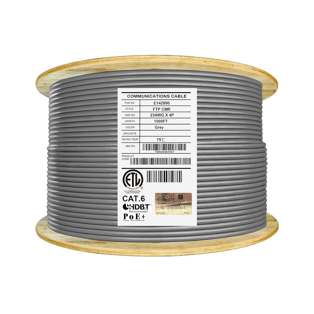 Bulk Ethernet Cable Reel, Cat6 Shielded Riser, 1000ft, Black M558274