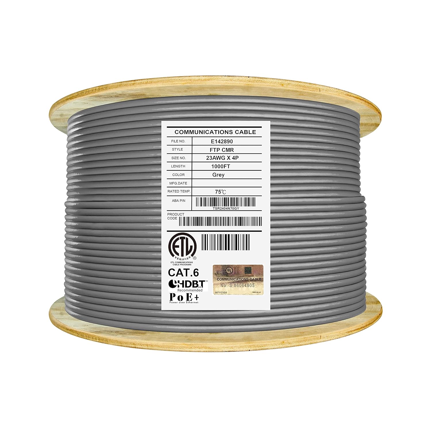 Bulk Ethernet Cable Reel, Cat6 Shielded Riser, 1000ft, Black M558274