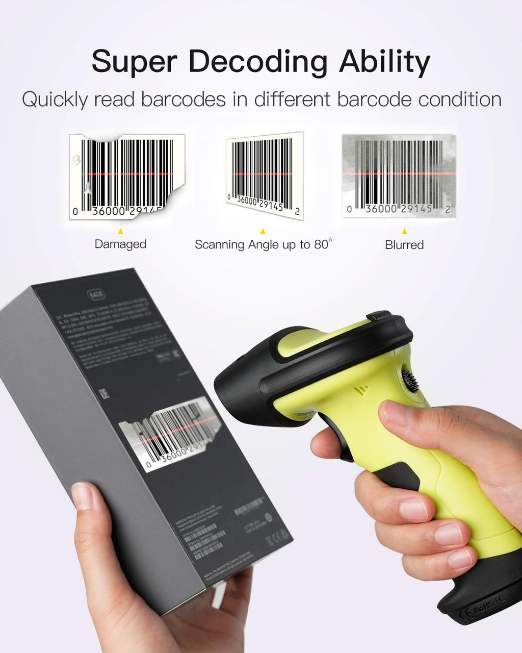 Wireless Barcode Scanner, 2600mAh Battery, 35M Range, Pack of 2 B782