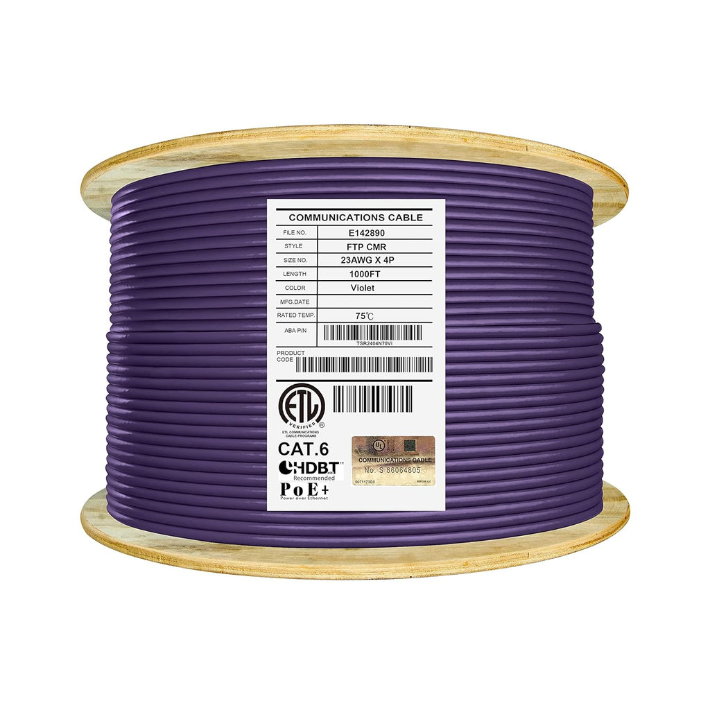 Bulk Ethernet Cable Reel, Cat6 Shielded Riser, 1000ft, Black M558274