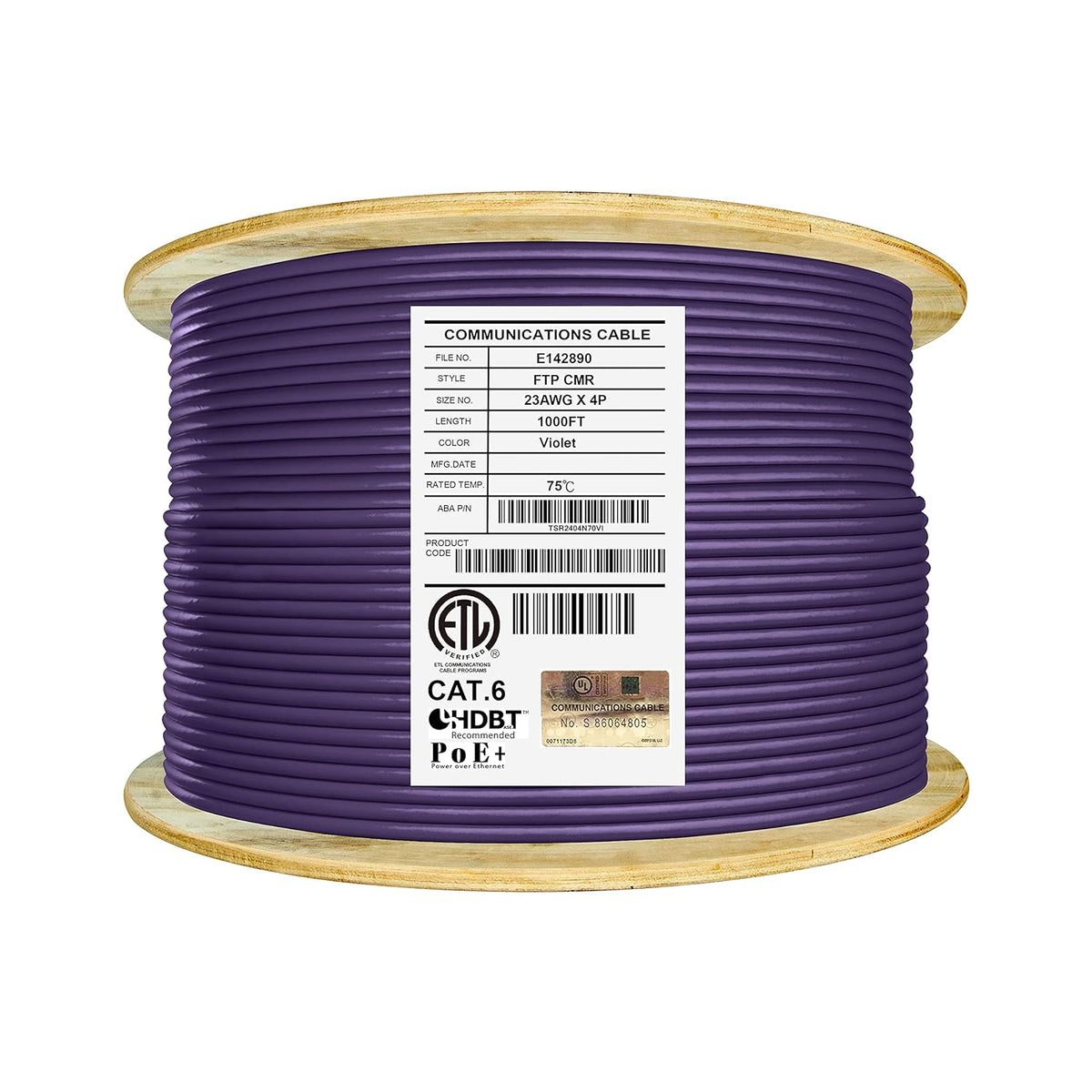 Bulk Ethernet Cable Reel, Cat6 Shielded Riser, 1000ft, Black M558274