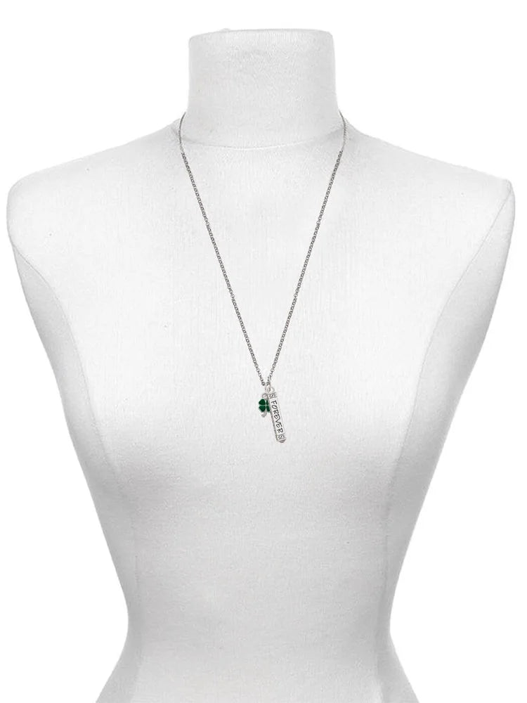 Silvertone Mini Green Four Leaf Clover Bar Charm Necklace, 23" R874131