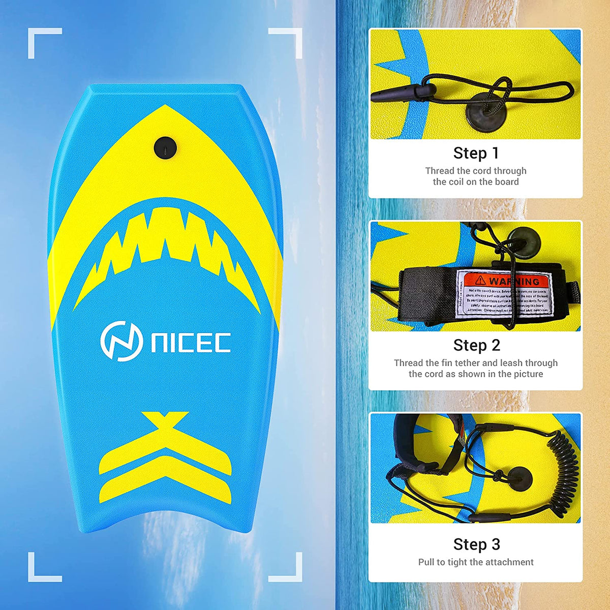 Surfboard with Adjustable Fin Tether and Leash, Lightweight EPS Core, Non-Slip Deck J59787