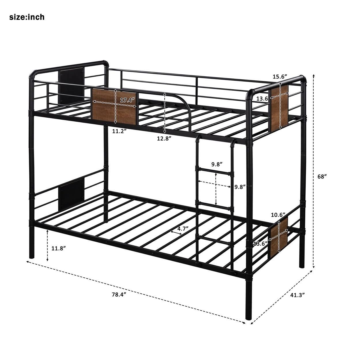 Black Metal and Wood Twin Over Twin Bunk Bed L7901