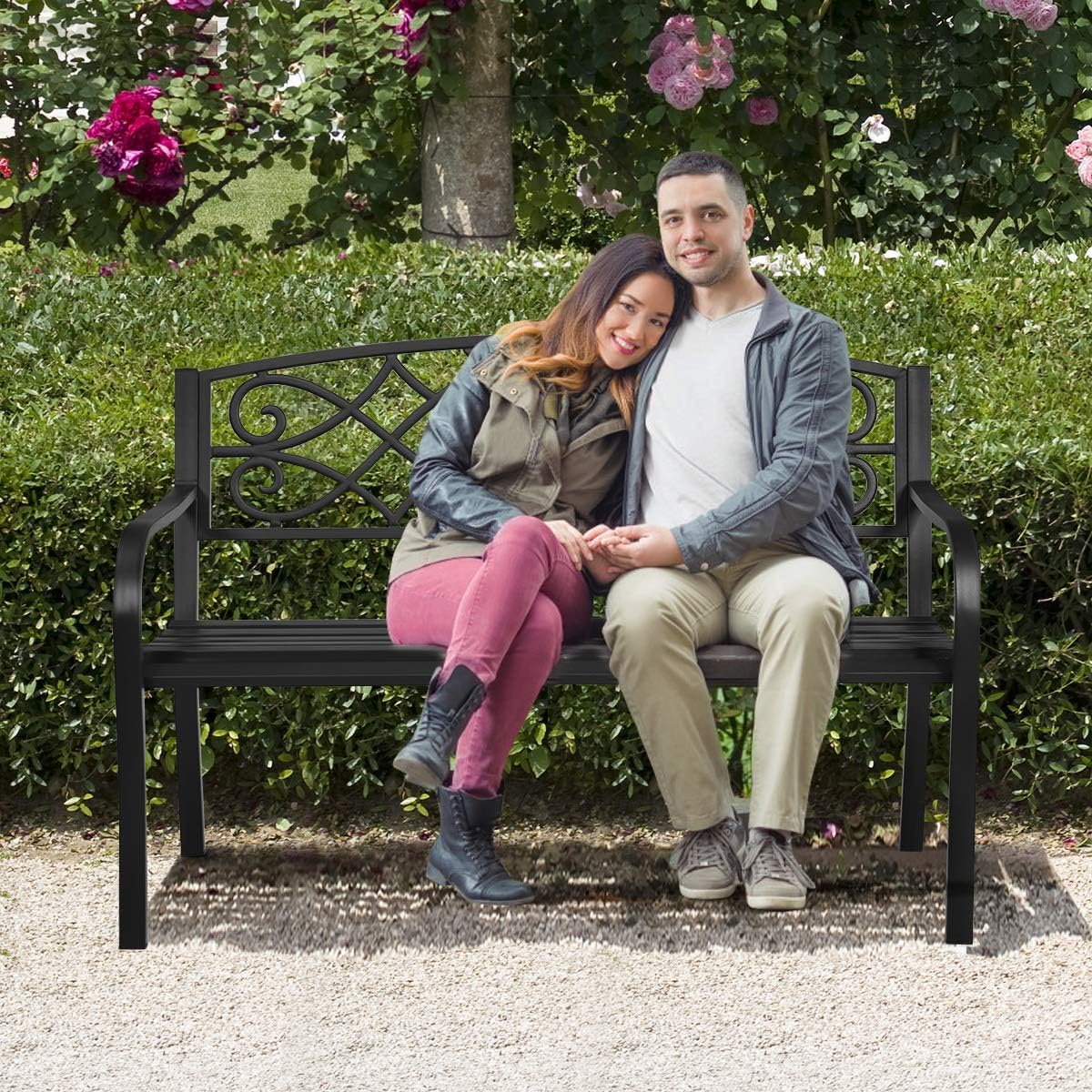 50 inch Heavy-Duty Metal Patio Bench with Pattern Backrest G6145