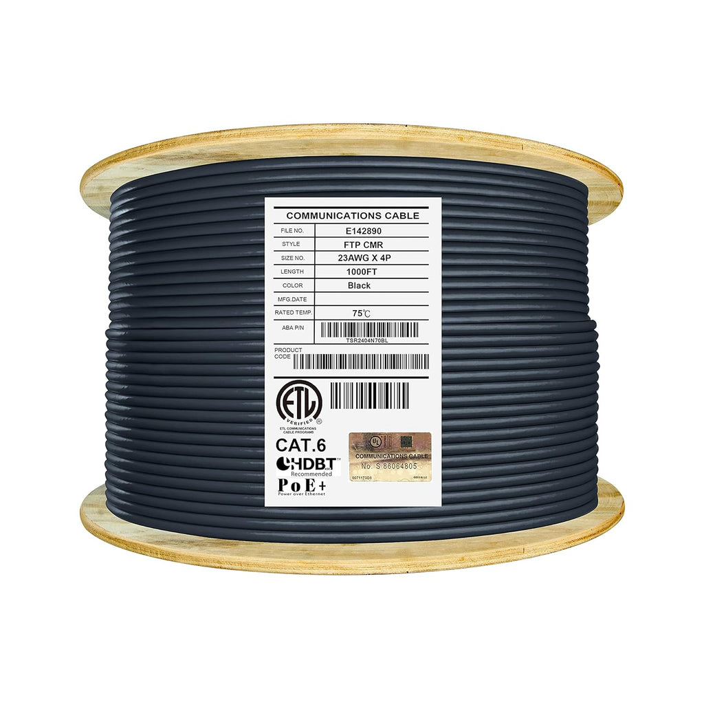 Bulk Ethernet Cable Reel, Cat6 Shielded Riser, 1000ft, Black M558274