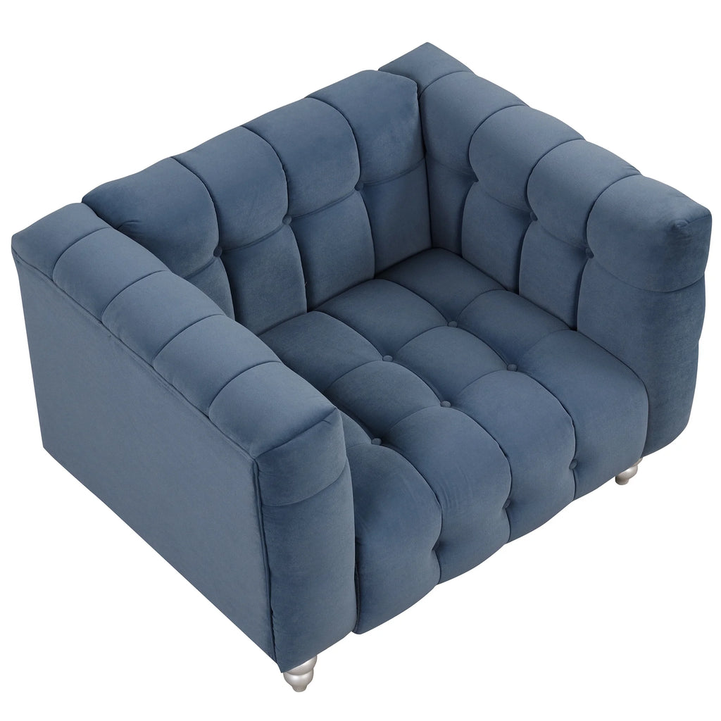 Blue Buttoned Tufted Sofa with Solid Wood Legs G79277
