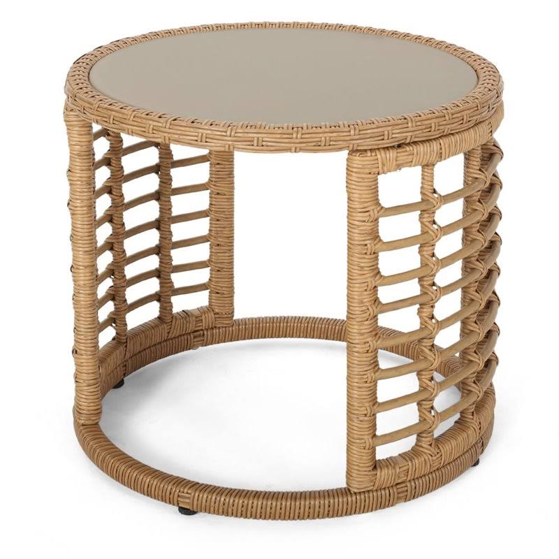 Tempered Glass Top Wicker Side Table in Light Brown B1941
