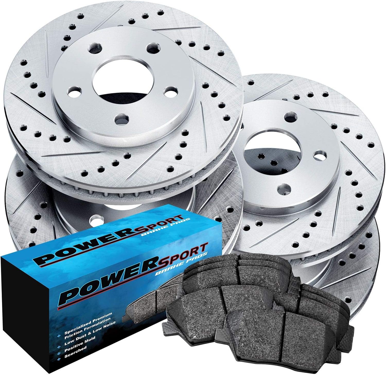 Silver Drilled Slotted Brake Rotors and Semi Metallic Brake Pads U7020