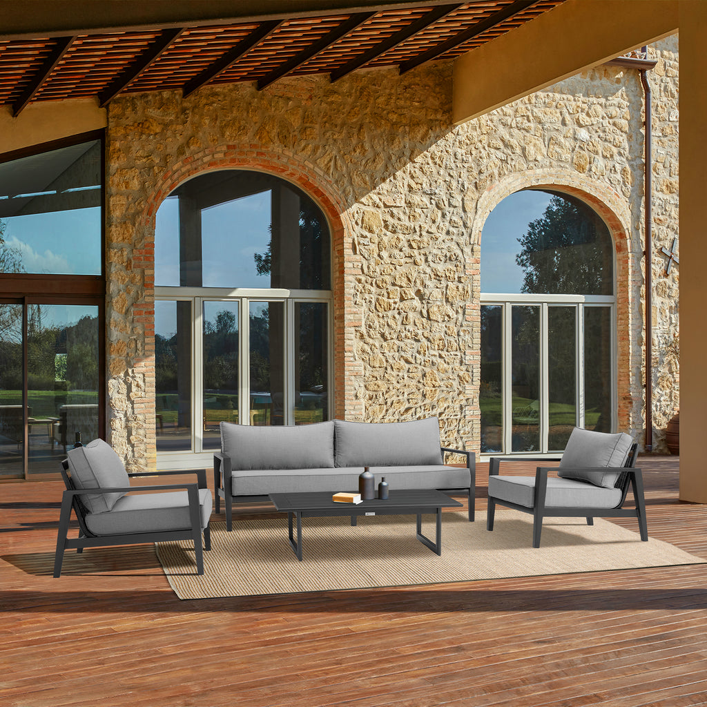 4 Piece Black Aluminum Outdoor Seating Set with Dark Gray Cushions I874804