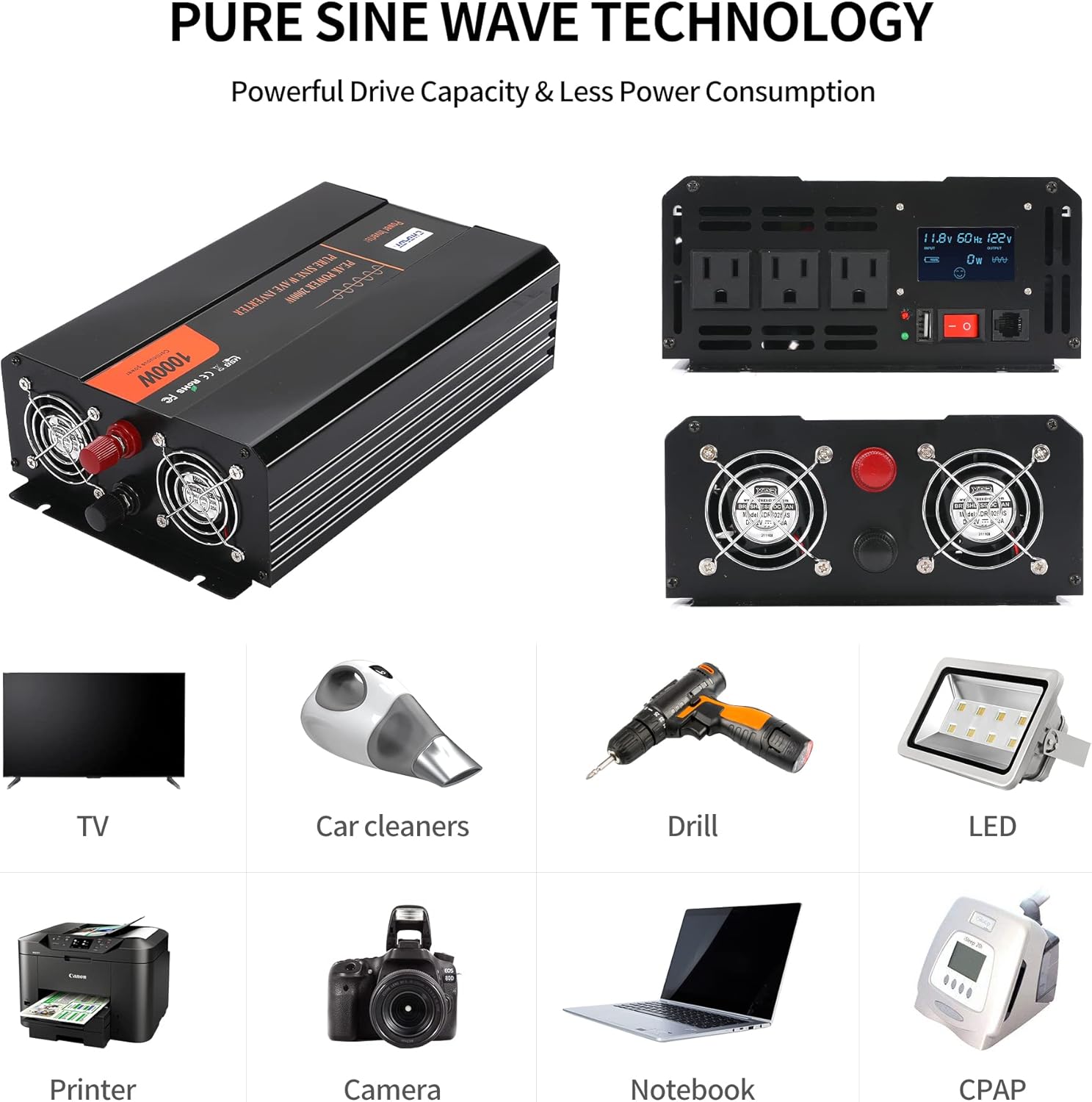 1000W Pure Sine Wave Power Inverter DC 12V to AC 120V with LCD Display Remote Control USB Port Z892564