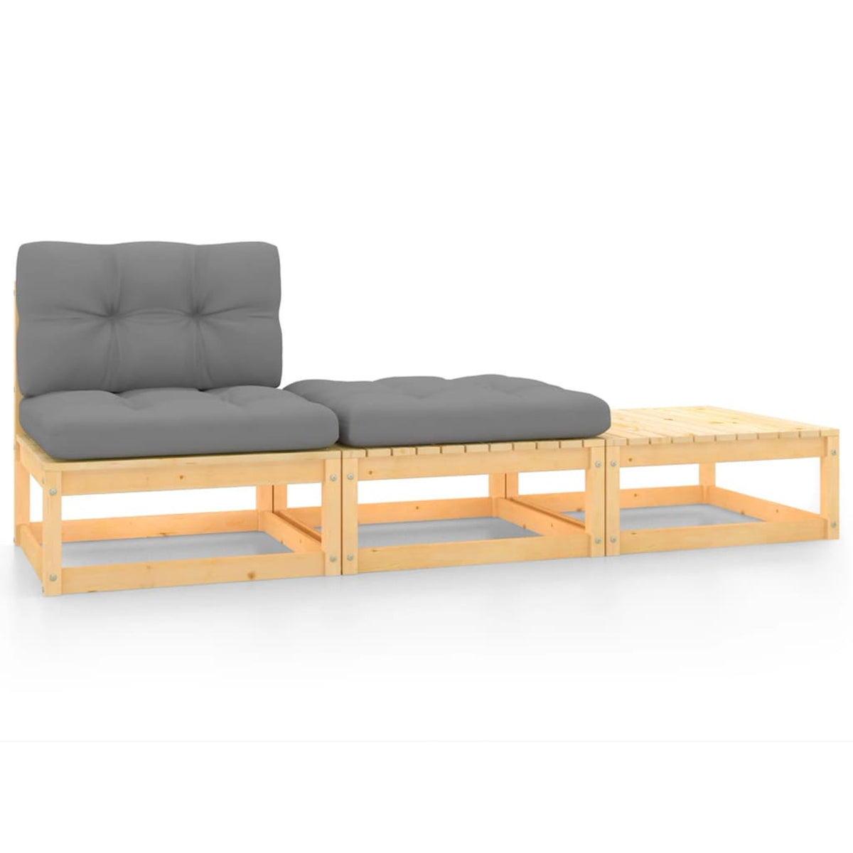 3 Piece Patio Lounge Set with Gray Cushions Middle Sofa and 2 Footstool Pinewood Outdoor Sectional Sofa Set N8006