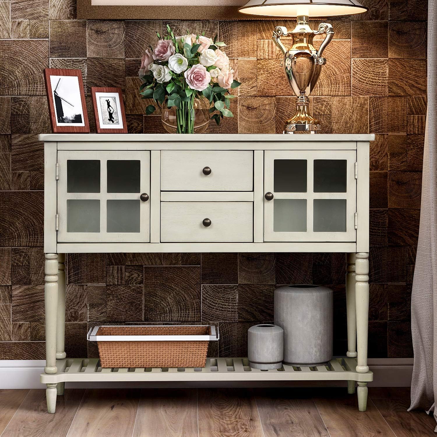 Antique Navy Console Table with Glass Doors and Drawers Z9848