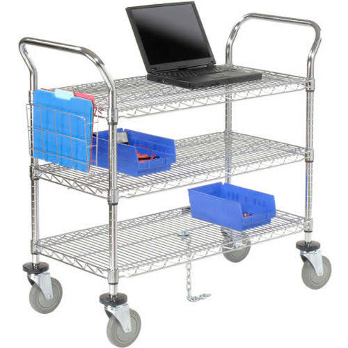 Chrome 3 Shelf Utility Cart with Polyurethane Brake Casters Q957217